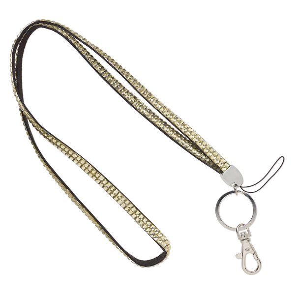 Lanyard, faux suede / acrylic rhinestone / silver- / nickel-plated "pewter" (zinc-based alloy), yellow, 8mm wide, 34 inches with lobster claw clasp. Sold individually. image number 0