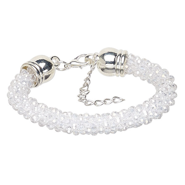 Bracelet, glass / silver-coated plastic / silver-plated steel / "pewter" (zinc-based alloy), clear AB, 7.5mm wide, 7 inches with 2-inch extender chain and lobster claw clasp. Sold individually. image number 0