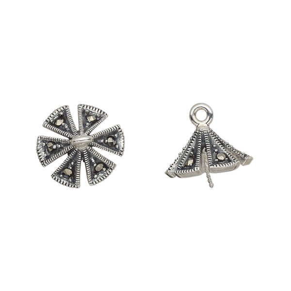 Cup, marcasite (natural) and antiqued sterling silver, 13x13mm triangle with 0.8mm twisted peg, fits 10-12mm bead. Sold individually. image number 0