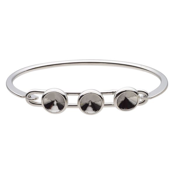 Bracelet, Almost Instant Jewelry®, bangle, imitation rhodium-finished brass, 11mm wide with (3) SS39 rivoli glue-in settings and latch bar, 7 inches. Sold individually. image number 0