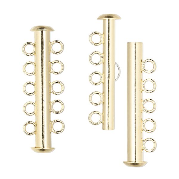 Clasp, 5-strand slide lock, gold-plated brass, 31x6mm tube. Sold per pkg of 4. image number 0