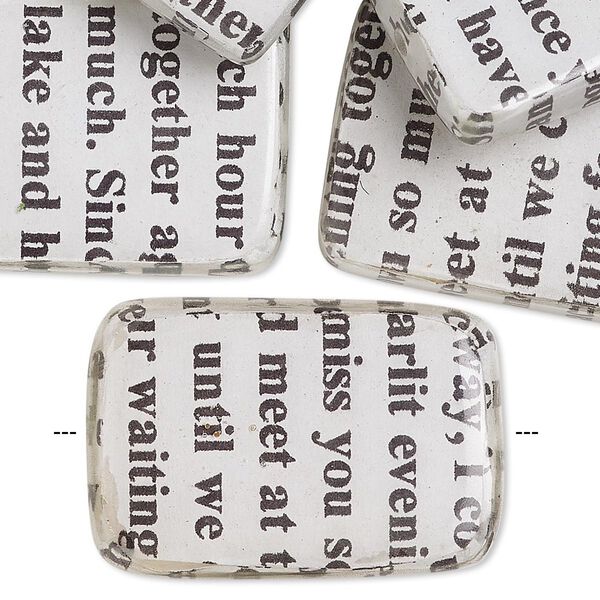Bead, wood / newspaper / acrylic, white and black, 30x20mm double-sided flat rectangle with phrase in English. Sold per pkg of 8. image number 0