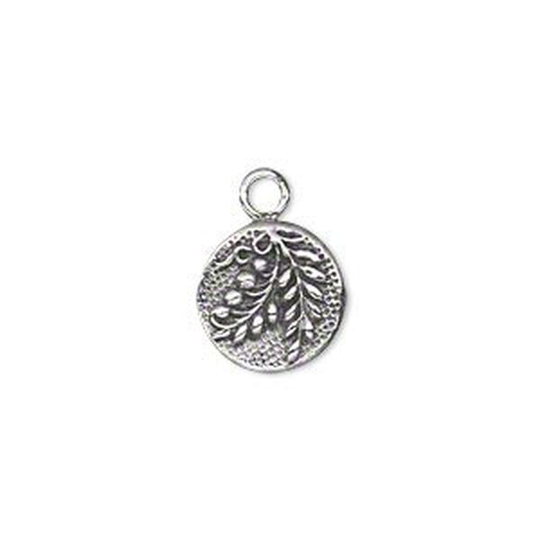 Drop, antiqued sterling silver, 12mm single-sided flat round with leaves. Sold individually. image number 0