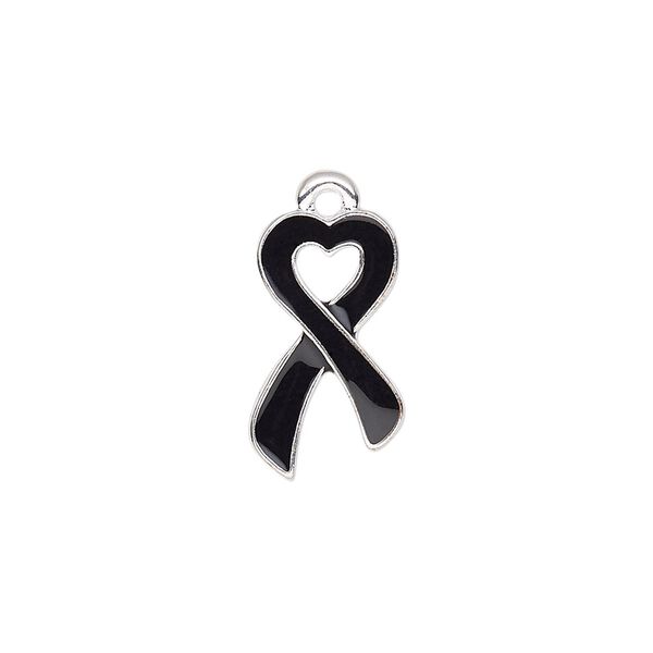 Charm, enamel and silver-finished "pewter" (zinc-based alloy), black, 18x10.5mm single-sided awareness ribbon heart. Sold per pkg of 2. image number 0