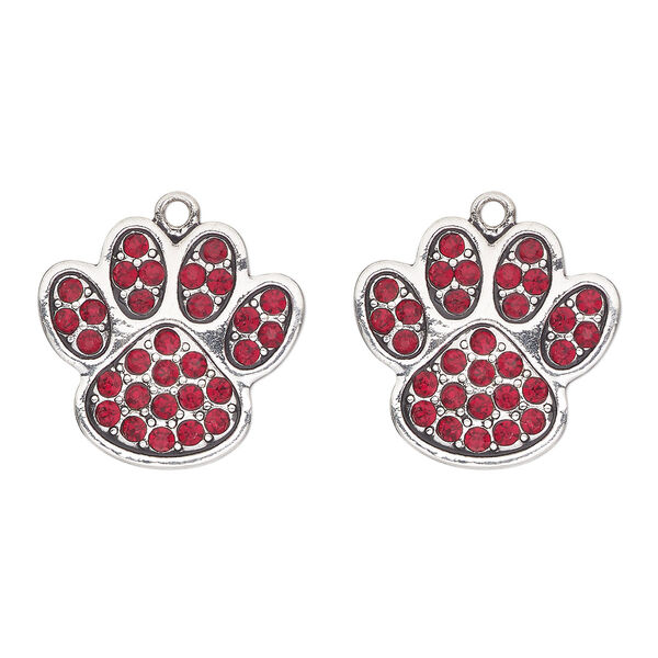 Charm, antique silver-finished "pewter" (zinc-based alloy) and glass, red, 24x23mm single-sided paw print. Sold per pkg of 2. image number 0