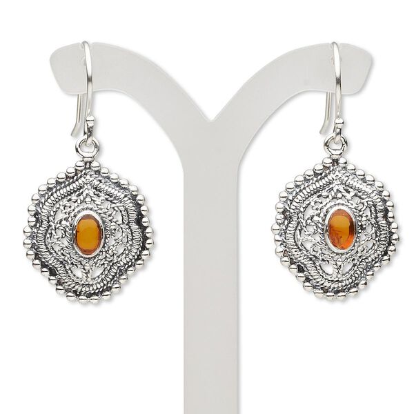 Earring, amber (reconstituted) and antiqued sterling silver, 38mm with freeform design and fishhook ear wire. Sold per pair. image number 0