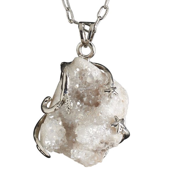 Necklace, electroplated druzy agate (coated) and imitation rhodium-plated brass, white, 30x20mm-38x28mm hand-cut wire-wrapped freeform, 20 inches with 2-1/2 inch extender chain and lobster claw clasp. Sold individually. image number 0