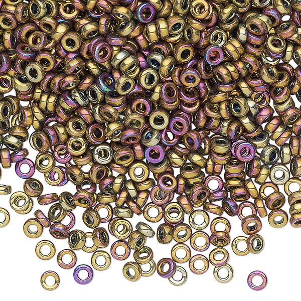 Seed bead, Miyuki, glass, pkg/250g, 3x1.3mm spacer rondelle, opaque iris purple and gold, (SPR3-188). image number 0