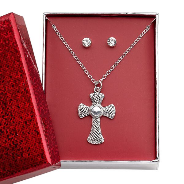 Necklace and earring set, glass rhinestone / silver-finished brass / steel / antique silver-finished "pewter" (zinc-based alloy), clear, 29x21mm fancy cross, 15" to 16" necklace with 3-inch extender chain and lobster claw clasp, 5mm round with post. Sold per set. image number 0