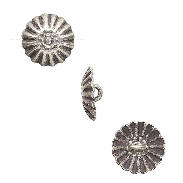 Button, Hill Tribes, antiqued fine silver, 14mm corrugated domed round. Sold per pkg of 2. image number 0