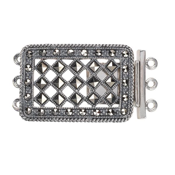 Clasp, 3-strand tab, Signity® marcasite (natural) and antiqued sterling silver, 29x20mm rectangle with diamond-shaped cutouts. Sold individually. image number 0