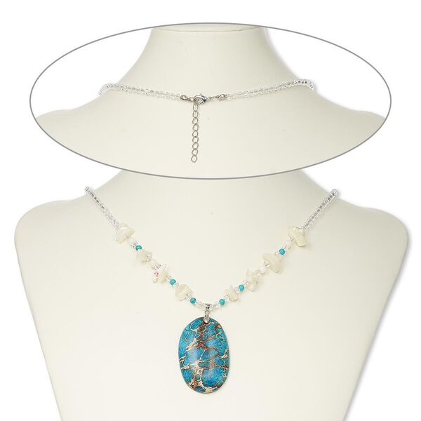 Necklace, mother-of-pearl shell / magnesite (bleached / dyed / stabilized) / glass / silver-finished brass / steel, blue / white / clear, 49x32mm oval, 20 inches with 2-inch extender chain and lobster claw clasp. Sold individually. image number 0