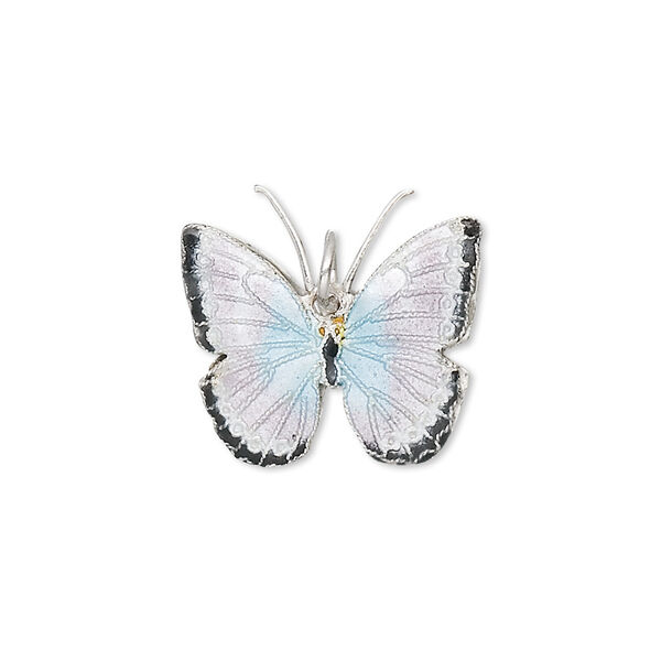 Charm, cloisonné, silver-plated copper and enamel, silver / black / light blue, 20x18mm butterfly. Sold individually. image number 0