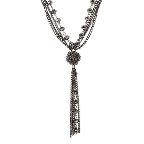 Necklace, 4-strand, glass and gunmetal-finished steel, clear and silver, 8x6mm faceted rondelle, 27 inches with 2-inch extender chain and lobster claw clasp. Sold individually. image number 0