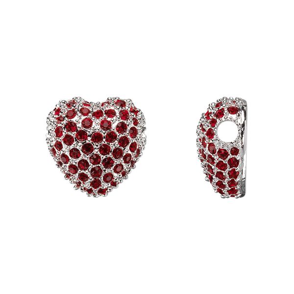 Bead, Dione®, crystal and rhodium-plated pewter (tin-based alloy), red, 14x14mm heart with 3mm hole. Sold individually. image number 0