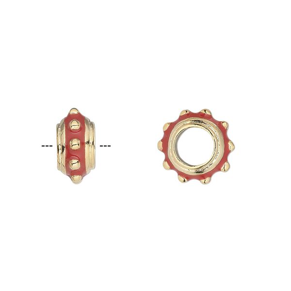 Bead, Dione®, gold-finished "pewter" (zinc-based alloy) and enamel, red, 12x6mm beaded rondelle with 5mm hole. Sold individually. image number 0