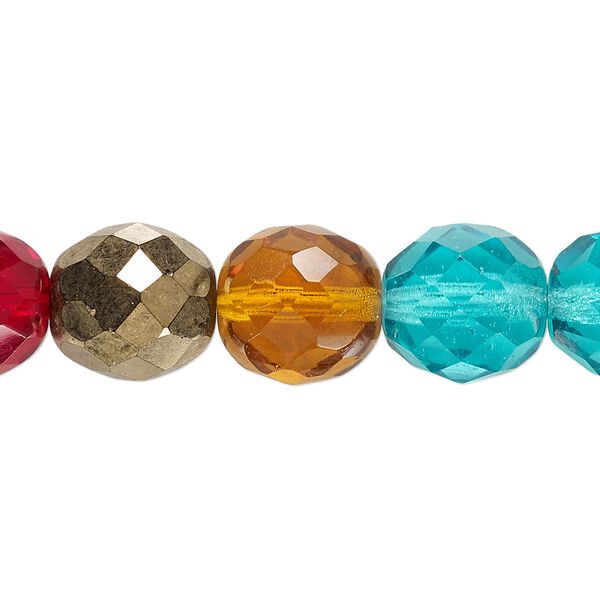 Bead, Czech fire-polished glass, pkg/15-1/2 to 16 inches, 12mm faceted round, mixed colors. image number 0