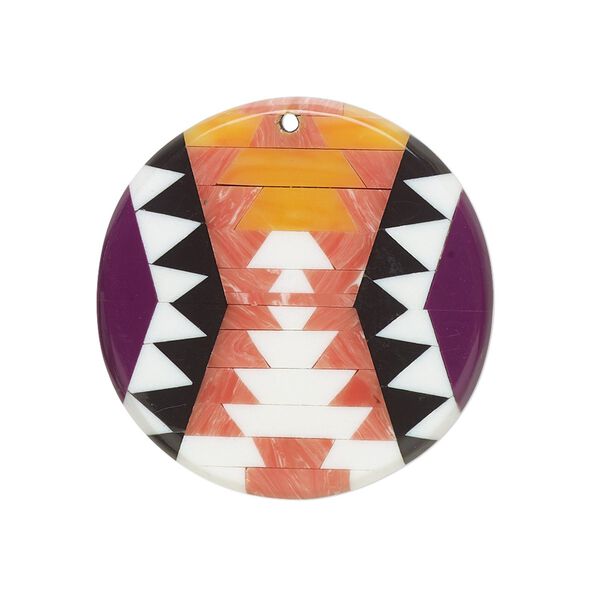 Focal, cabibe shell and resin, salmon pink / orange / multicolored, 30mm single-sided flat round with Yakan pattern. Sold individually. image number 0