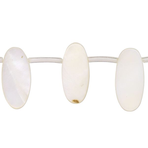 Bead, mother-of-pearl shell (bleached), white, 18x6mm-19x9mm top-drilled flat oval, Mohs hardness 3-1/2. Sold per 15-inch strand, approximately 20 beads. image number 0
