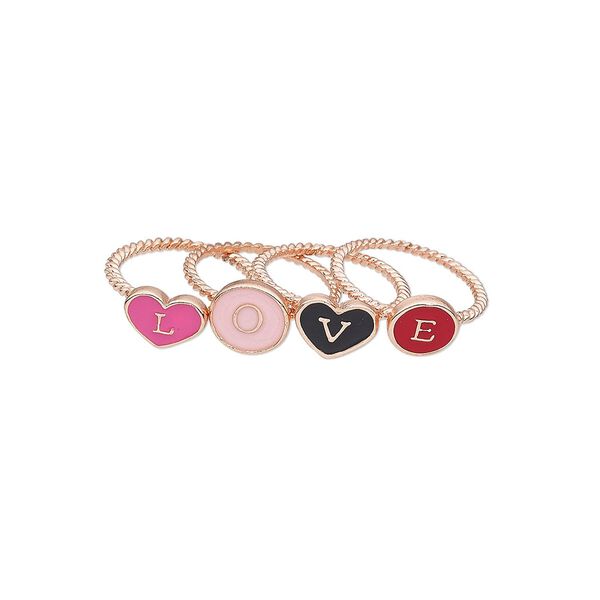 Ring, enamel and copper-finished "pewter" (zinc-based alloy), assorted colors, 8-10mm wide with round and "L," "O," "V" and "E," size 8. Sold per 4-piece set. image number 0
