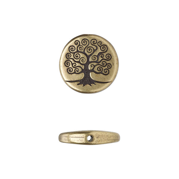 Bead, TierraCast®, "Soulful Spirit" collection, antique brass-plated pewter (tin-based alloy), 15mm flat round with tree of life design. Sold per pkg of 2. image number 0