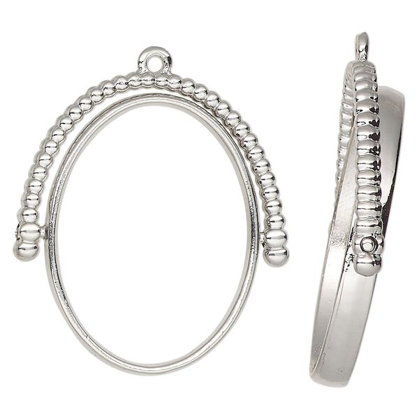 Focal, silver-finished "pewter" (zinc-based alloy), 34x30mm open oval with rotating center and beaded top. Sold per pkg of 2. image number 0