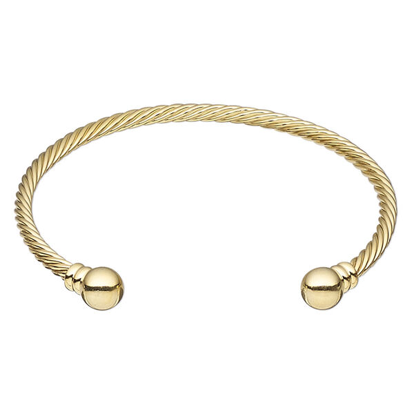 Bracelet, cuff, gold-plated brass, 3.5mm twisted wire with 8mm threaded ball end, adjustable from 7-1/2 to 8 inches. Sold individually. image number 0