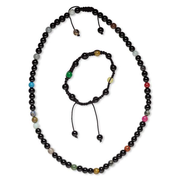 Multi-gemstone / glass / nylon 1pkg2 round bracelet / necklace 7-10 inch / 22-25 inch / adjustable macramé clasp 7-8mm image number 0