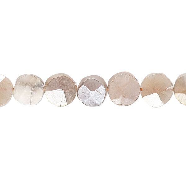 Peach moonstone 1pkg1, luster hand-cut faceted flat round bead 8 inch 7-8mm image number 0