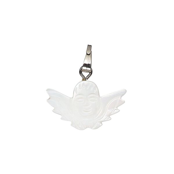 Pendant, mother-of-pearl shell (bleached) / antique silver-finished "pewter" (zinc-based alloy) / steel, 20x12mm-21x13mm single-sided carved cherub. Sold individually. image number 0