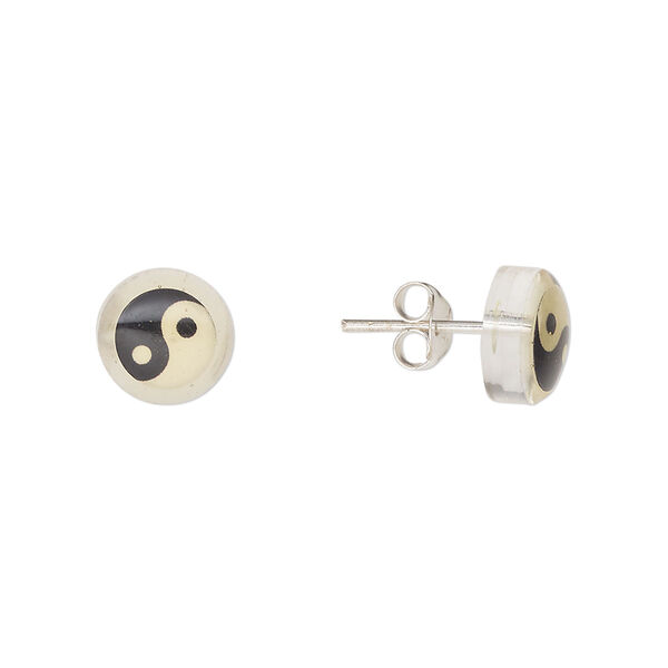 Earstud, Everyday Jewelry, sterling silver and acrylic, black and light yellow, 9mm round with yin-yang. Sold per pair. image number 0