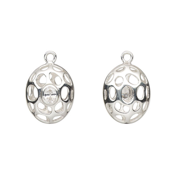 Drop, sterling silver and cubic zirconia, clear, 15x12mm double sided hollow filigree puffed oval. Sold individually. image number 0