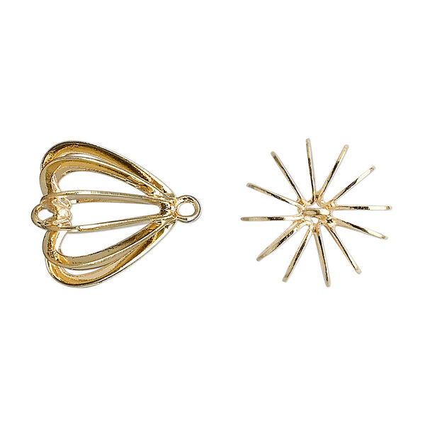 Link, gold-plated brass, 14mm heart bead cage. Sold per pkg of 4. image number 0