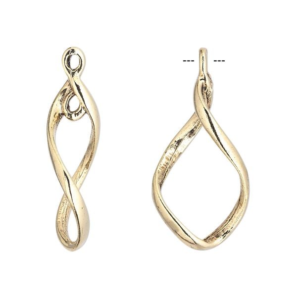Drop, antique gold-plated pewter (tin-based alloy), 25x14mm twisted drop with one center loop that fits up to a 10mm bead. Sold per pkg of 2. image number 0