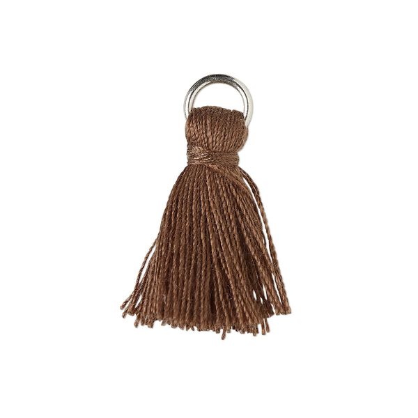 Tassel, cotton and imitation rhodium-finished steel, dark brown, 20-24mm mini tassel with 6mm open jump ring. Sold per pkg of 6. image number 0