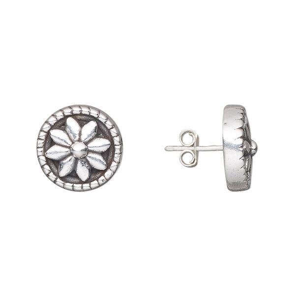 Earstud, antiqued sterling silver, electroformed, 12.5mm round with flower design and twisted rope edge. Sold per pair. image number 0