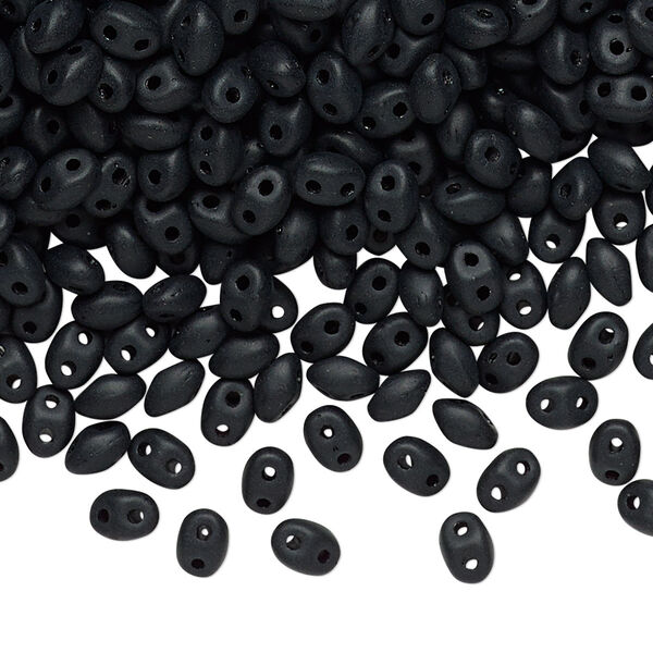 Bead, Preciosa Twin™, Pressed Twin, Czech pressed glass, matte black, 5x2.5mm oval with 2 holes. Sold per 50-gram pkg. image number 0