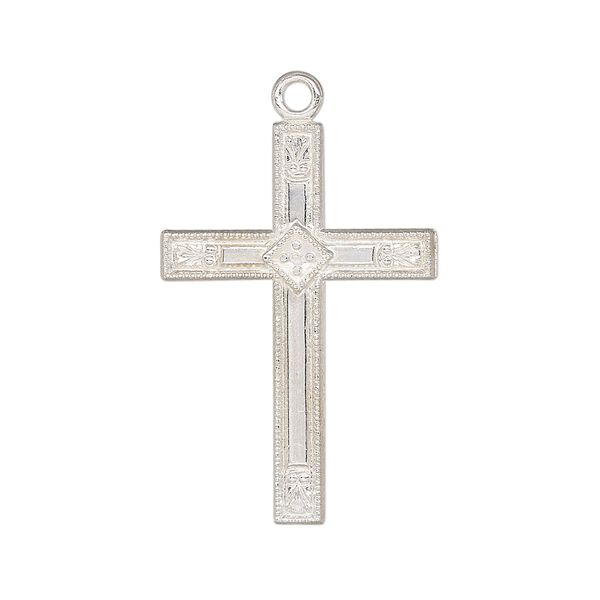 Focal, sterling silver, 30x20mm single-sided flat cross with diamond design. Sold individually. image number 0