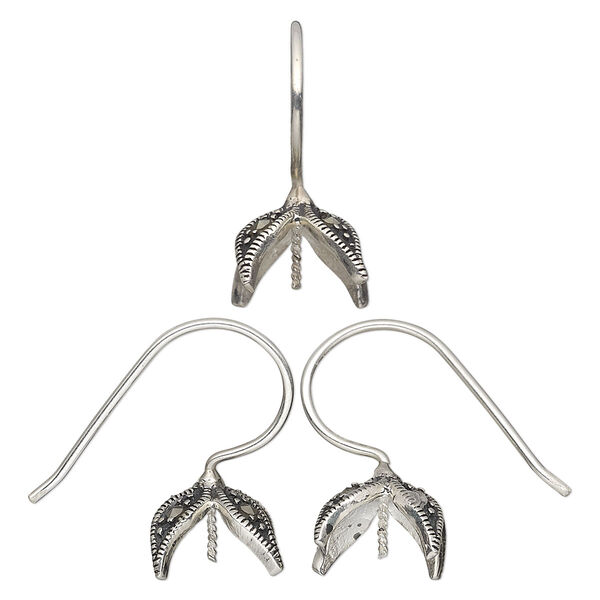 Ear wire, marcasite (natural) and antiqued sterling silver, 21.5mm fishhook with four leaves and 0.8mm twisted peg, fits 10-12mm half-drilled bead, 18 gauge. Sold per pair. image number 0