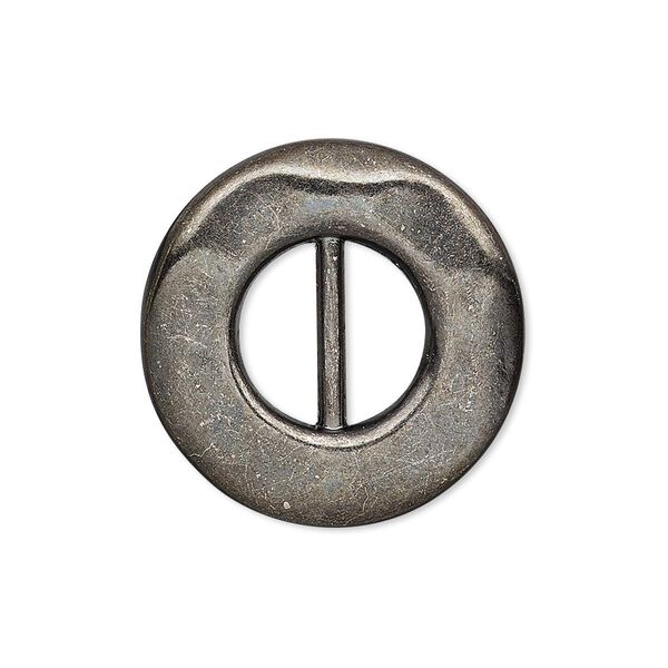 Slide, gunmetal-finished "pewter" (zinc-based alloy), 26mm single-sided dented round, 11x5mm hole. Sold per pkg of 4. image number 0
