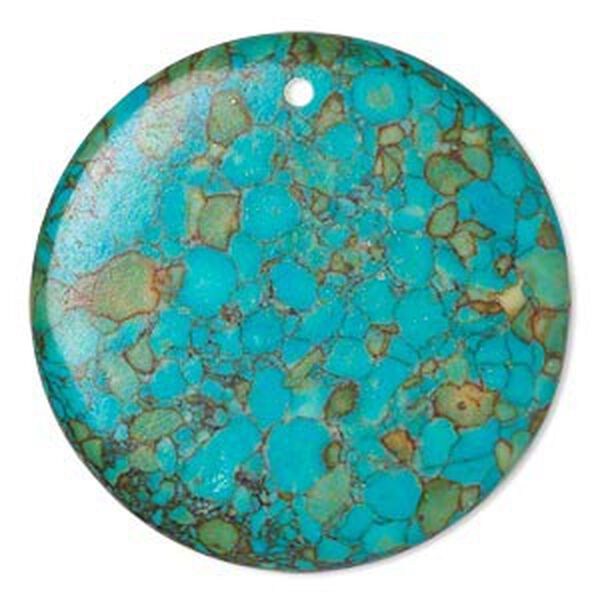 Focal, mosaic "turquoise" (magnesite) (dyed / assembled), blue, 40mm flat round, B grade, Mohs hardness 3-1/2 to 4. Sold per pkg of 2. image number 0