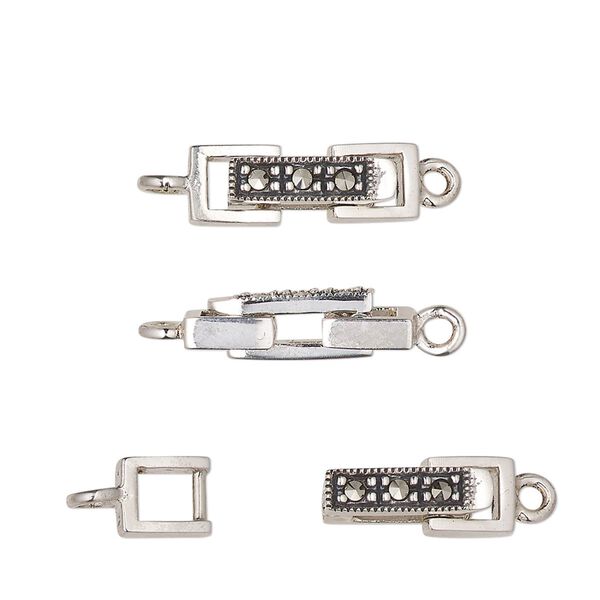 Clasp, fold-over, marcasite (natural) and antiqued sterling silver, 17x6mm rectangle. Sold individually. image number 0