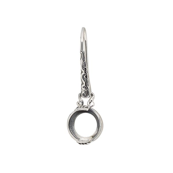 Earring fishhook 1pkg2 sterling silver, 29mm flourish marquise design / 8mm round cab 2-prong open back setting, 20 gauge antiqued 1 pair image number 0