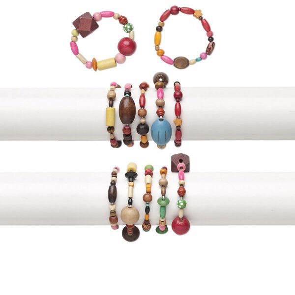 Bracelet mix, stretch, wood (natural / dyed), mixed colors, 15-18mm wide, 5-21mm assorted shape, 6 inches. Sold per pkg of 5. image number 0