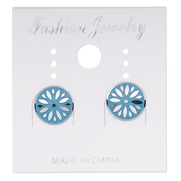 Earstud, stainless steel, blue patina, 10mm round with aster flower design. Sold per pair. image number 0
