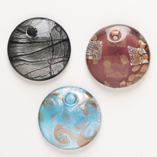 Focal, lampworked glass, pkg/3, opaque and translucent mixed colors with silver-colored foil and copper-colored glitter, 43-51mm domed round. image number 0