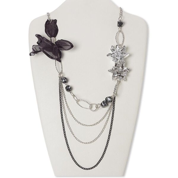 Necklace, acrylic / organza ribbon / steel / silver-coated plastic, black, flower, 30-inch continuous loop. Sold individually. image number 0
