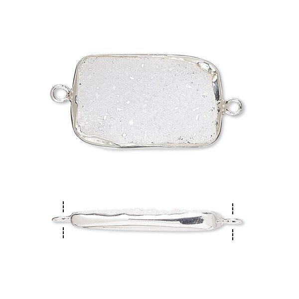 Link, white druzy agate (natural) and sterling silver, 22x13mm single-sided rectangle. Sold per pkg of 2. image number 0