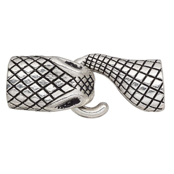 Clasp, hook, antique silver-plated "pewter" (zinc-based alloy), 46x18mm snake with glue-in ends, 11.5x5mm hole. Sold individually. image number 0