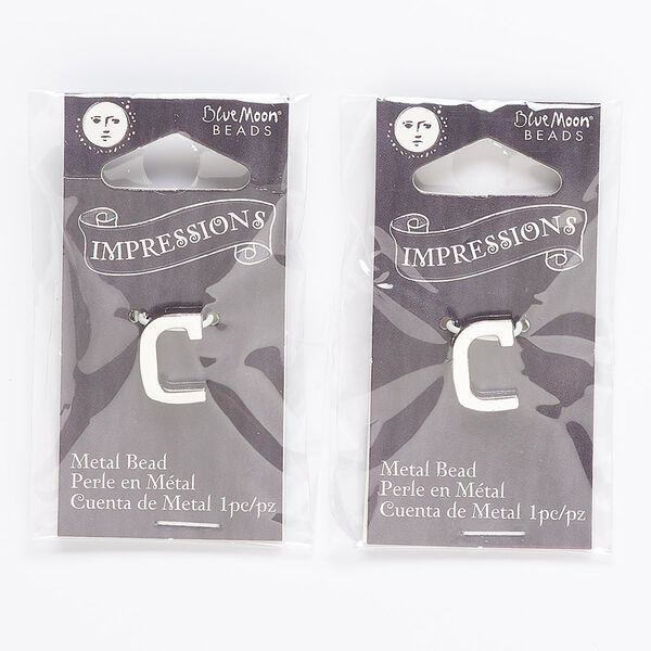 Bead, silver-finished "pewter" (zinc-based alloy), 13x9mm top-drilled alphabet letter "C" with 2mm hole. Sold per pkg of 2. image number 0